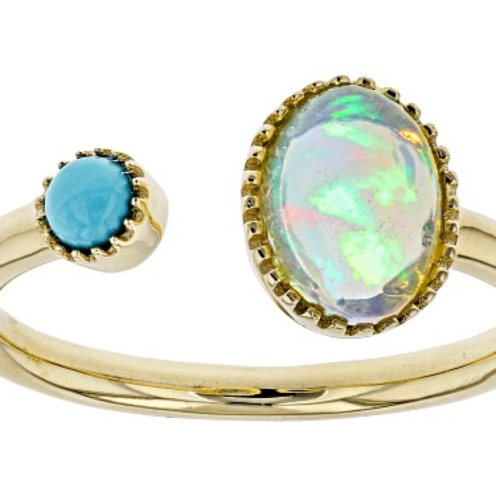 NEW Solid 10K Gold Opal and Natural Sleeping Beauty Turquoise Ring